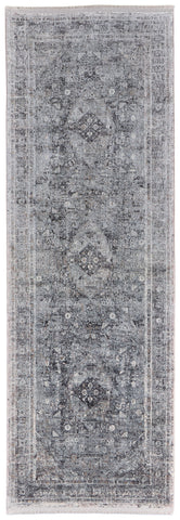 12' Gray and Silver Oriental Power Loom Worn Faded Runner Rug