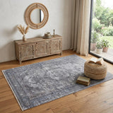 4' X 5' Gray and Silver Oriental Power Loom Worn Faded Area Rug