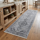 8' Gray and Silver Oriental Power Loom Worn Faded Runner Rug