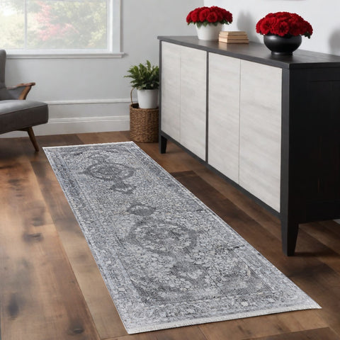 10' Gray And Silver Oriental Distressed Runner Rug