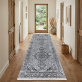 10' Gray And Silver Oriental Distressed Runner Rug
