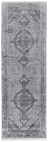 12' Gray and Silver Oriental Power Loom Worn Faded Runner Rug