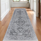 12' Gray and Silver Oriental Power Loom Worn Faded Runner Rug