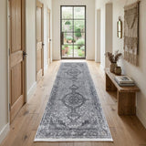 12' Gray and Silver Oriental Power Loom Worn Faded Runner Rug