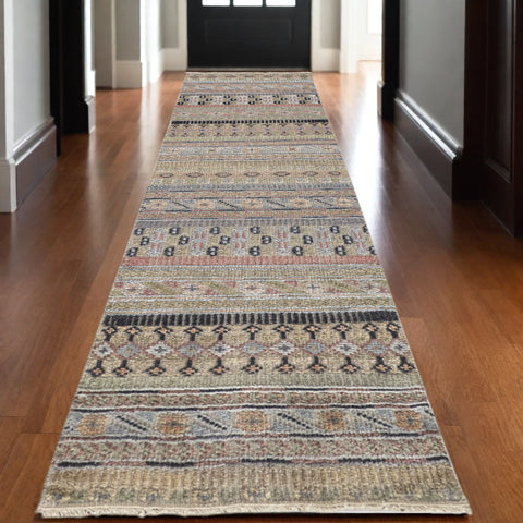 10' Tan Blue and Orange Striped Hand Knotted Runner Rug