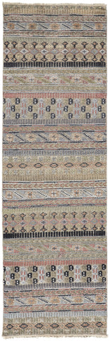 8' Tan Blue and Orange Striped Hand Knotted Runner Rug