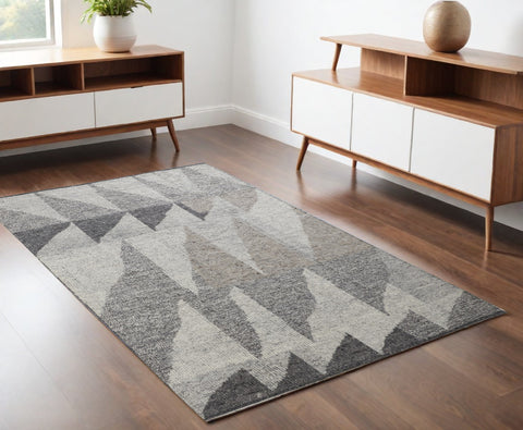 4' X 6' Gray and Ivory Wool Geometric Hand Knotted Area Rug