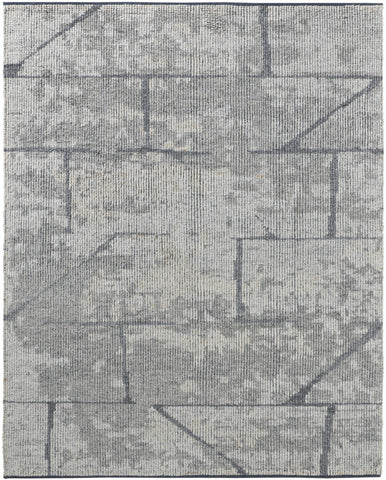 2' X 3' Gray and Silver Wool Abstract Hand Knotted Worn Faded Area Rug