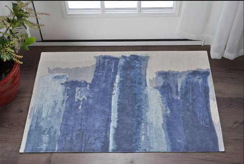 2' X 3' Blue and Ivory Abstract Hand Tufted Area Rug