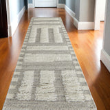 10' Gray and Ivory Wool Geometric Hand Woven Runner Rug