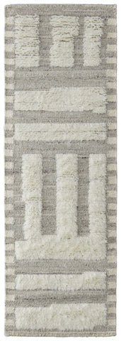 10' Gray and Ivory Wool Geometric Hand Woven Runner Rug