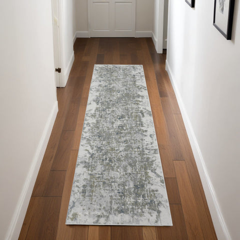 10' Gray And Ivory Abstract Distressed Runner Rug