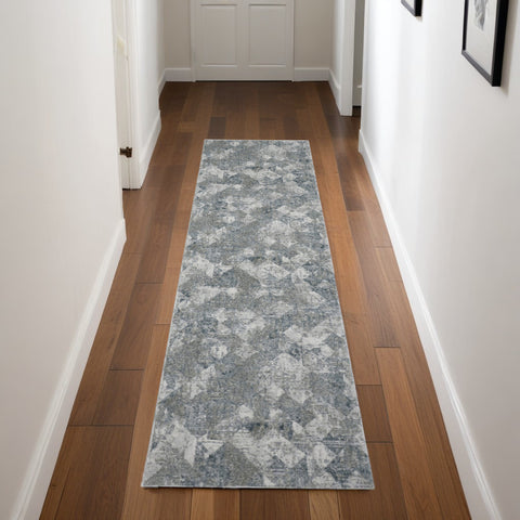 10' Ivory Gray And Green Abstract Distressed Runner Rug