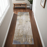 8' Ivory Gray and Brown Abstract Power Loom Worn Faded Runner Rug
