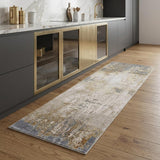 8' Ivory Gray and Brown Abstract Power Loom Worn Faded Runner Rug