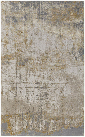 2' X 3' Ivory Gray and Brown Abstract Power Loom Worn Faded Area Rug