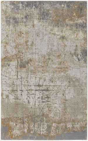 2' X 3' Ivory Gray and Brown Abstract Power Loom Worn Faded Area Rug