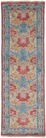 8' Blue Red and Yellow Wool Oriental Hand Knotted Runner Rug