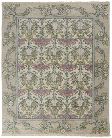 4' X 6' Ivory Gray and Pink Wool Floral Hand Knotted Area Rug