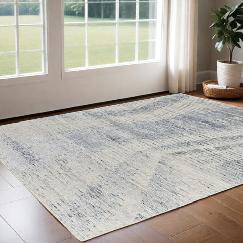 3' X 5' Ivory Gray and Blue Abstract Hand Knotted Worn Faded Area Rug