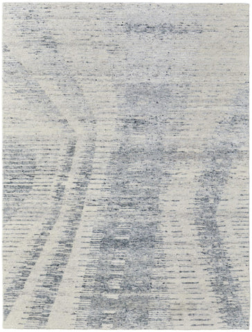2' X 3' Ivory Gray and Blue Abstract Hand Knotted Worn Faded Area Rug