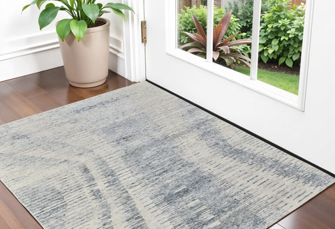 2' X 3' Ivory Gray and Blue Abstract Hand Knotted Worn Faded Area Rug
