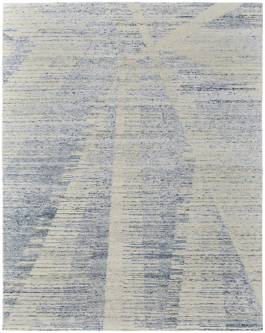 2' X 3' Ivory Blue And Silver Abstract Hand Knotted Distressed Area Rug