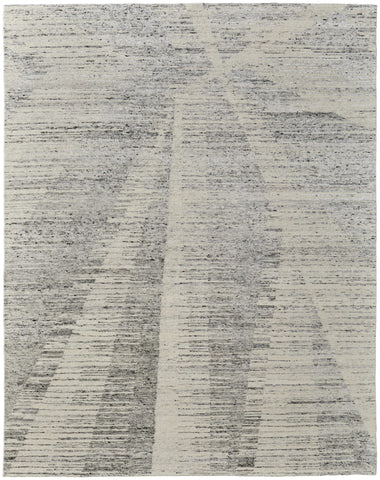 2' X 3' Ivory and Gray Abstract Hand Knotted Worn Faded Area Rug