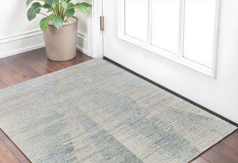 2' X 3' Blue Ivory And Silver Abstract Hand Knotted Distressed Area Rug