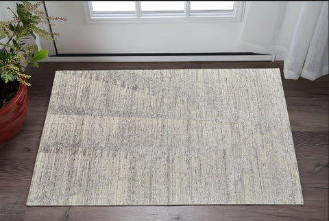2' X 3' Ivory and Gray Abstract Hand Knotted Worn Faded Area Rug