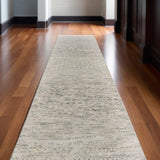 10' Ivory and Gray Wool Hand Knotted Runner Rug With Fringe