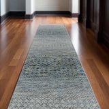12' Ivory Blue and Brown Wool Hand Knotted Runner Rug With Fringe