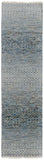 12' Ivory Blue and Brown Wool Hand Knotted Runner Rug With Fringe