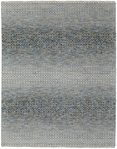 2' X 3' Ivory Blue and Brown Wool Hand Knotted Area Rug With Fringe