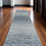 12' Ivory Gray and Blue Wool Hand Knotted Runner Rug With Fringe