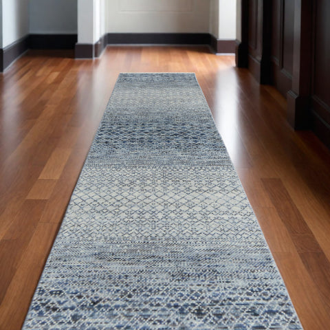 12' Ivory Gray and Blue Wool Hand Knotted Runner Rug With Fringe