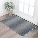 2' X 3' Ivory Gray and Blue Wool Hand Knotted Area Rug With Fringe