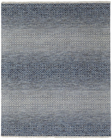 2' X 3' Ivory Gray and Blue Wool Hand Knotted Area Rug With Fringe