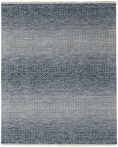 2' X 3' Ivory Gray and Blue Wool Hand Knotted Area Rug With Fringe