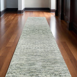 12' Ivory and Green Wool Hand Knotted Runner Rug With Fringe