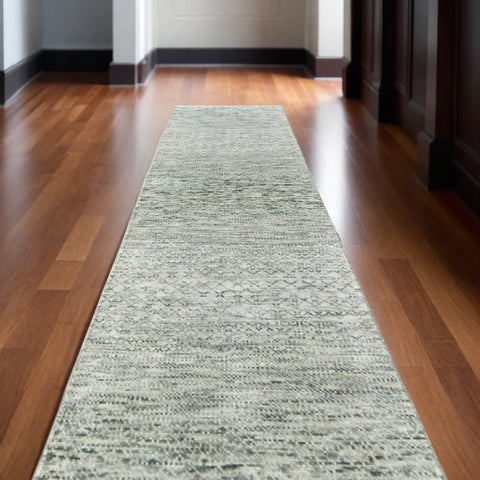 12' Ivory and Green Wool Hand Knotted Runner Rug With Fringe