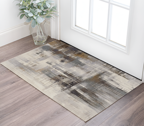 2' X 3' Ivory Gray and Brown Abstract Power Loom Area Rug