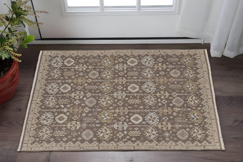 2' X 3' Tan and Brown Wool Oriental Hand Knotted Area Rug With Fringe