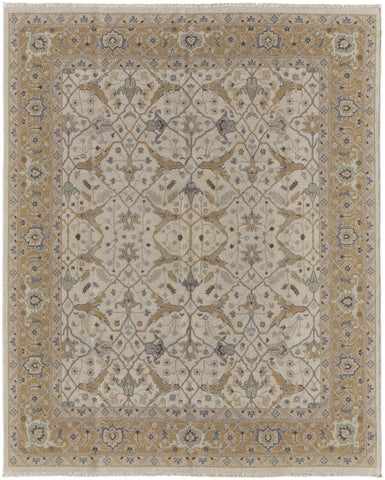 2' X 3' Ivory Gray and Tan Wool Oriental Hand Knotted Area Rug With Fringe