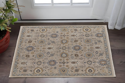 2' X 3' Tan Brown and Gray Wool Oriental Hand Knotted Area Rug With Fringe