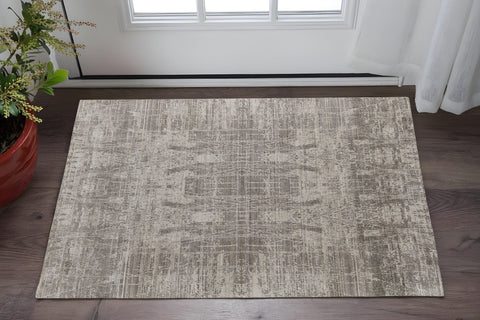 2' X 3' Gray and Silver Abstract Hand Woven Worn Faded Area Rug