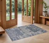 3' X 5' Blue and Ivory Abstract Hand Woven Worn Faded Area Rug