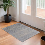 3' X 5' Gray Ivory and Blue Abstract Hand Woven Worn Faded Area Rug