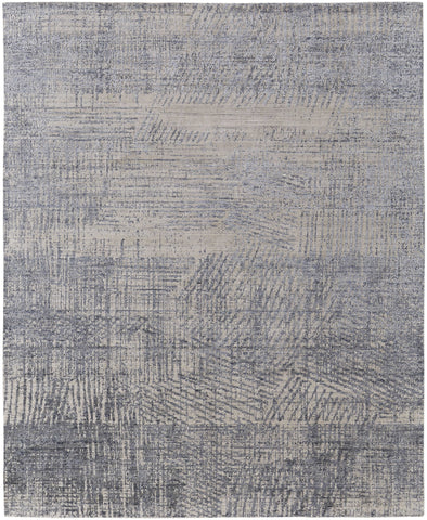4' X 6' Gray Ivory and Blue Abstract Hand Woven Worn Faded Area Rug