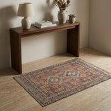 3' X 5' Blue Red and Tan Wool Geometric Hand Knotted Area Rug With Fringe